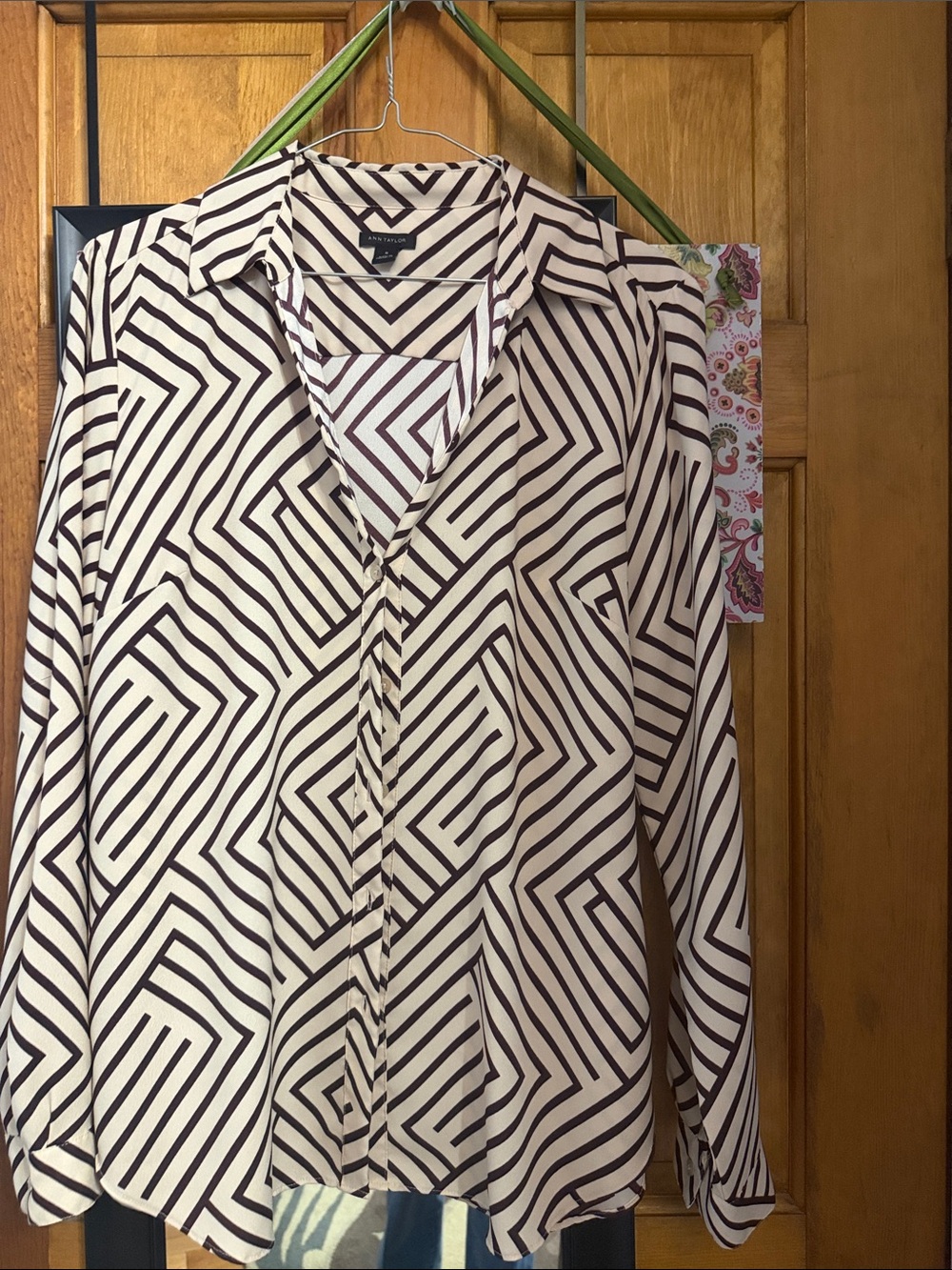 Ann Taylor Cream and Black Geometric Print Blouse